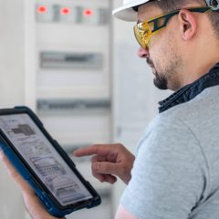Man, an electrical technician working in a switchboard with fuses. Installation and connection of electrical equipment.