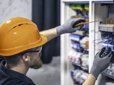 A male electrician works in a switchboard with an electrical connecting cable.