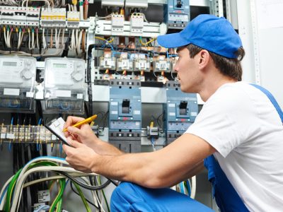 Young adult electrician builder engineer inspecting electric counter equipment in distribution fuse box